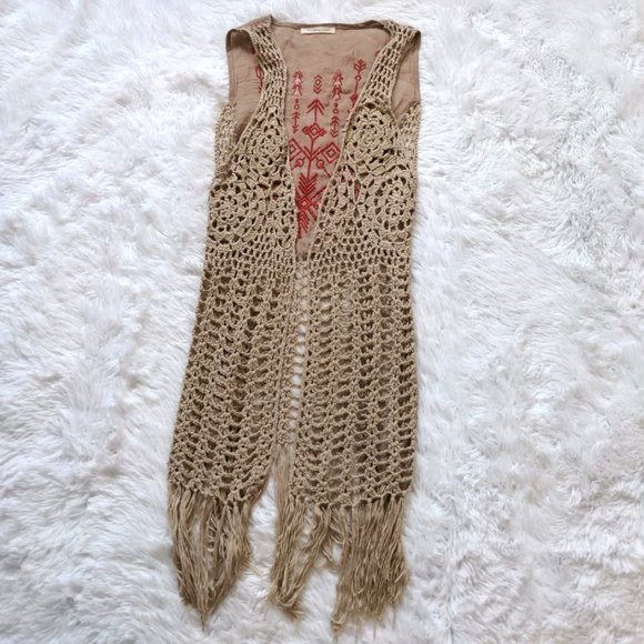 Do Everything In Love Vest Crochet Fringe Longline Open One Size - Picture 3 of 7